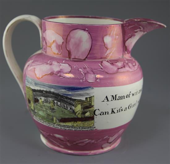 A large Sunderland pink splash lustre decorated jug, early 19th century, height 24cm, hairline cracks